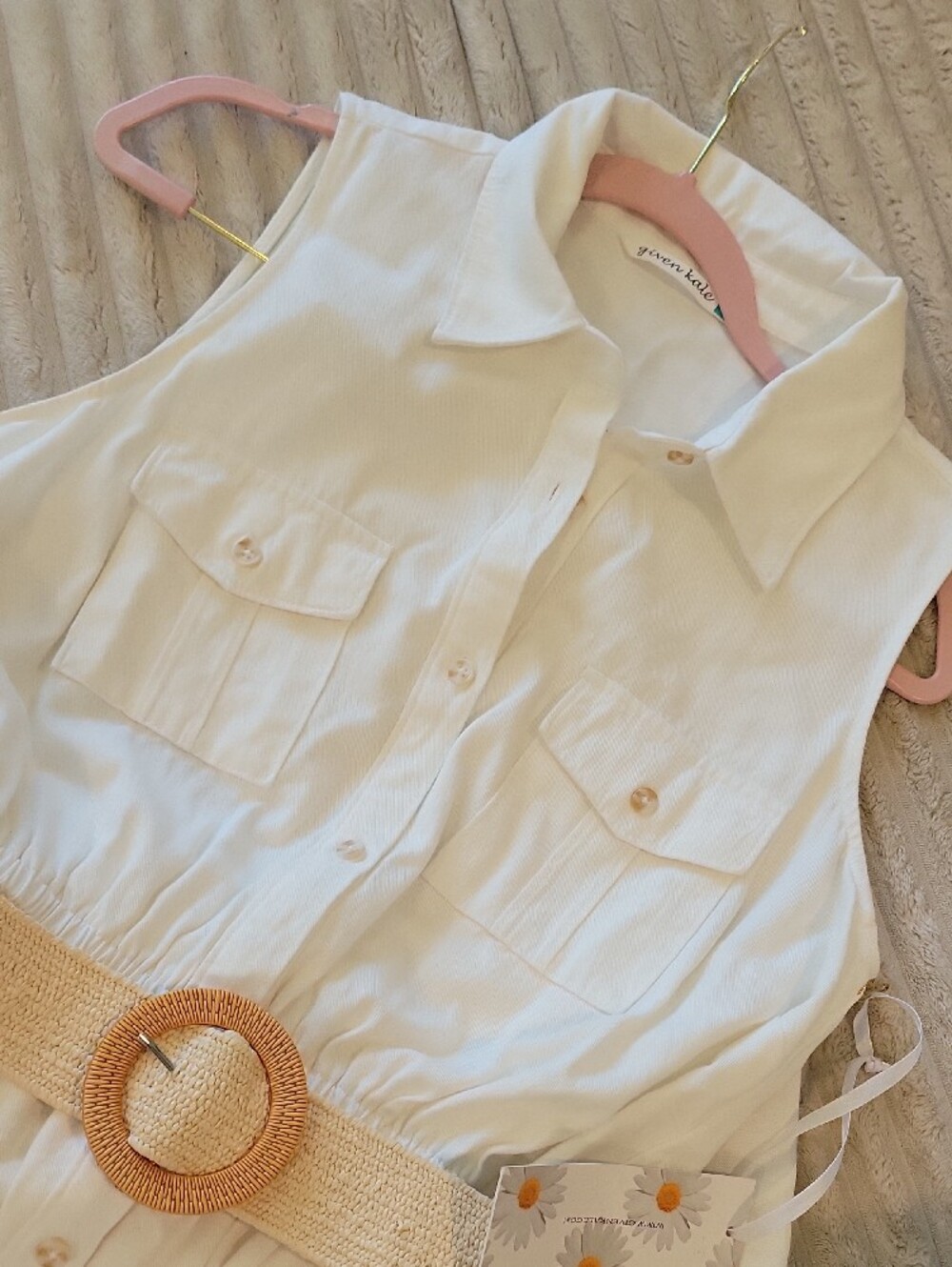 Sleeveless Cream Maxi Shirt Dress with Woven Round-Buckle Belt - Picture 12 of 12